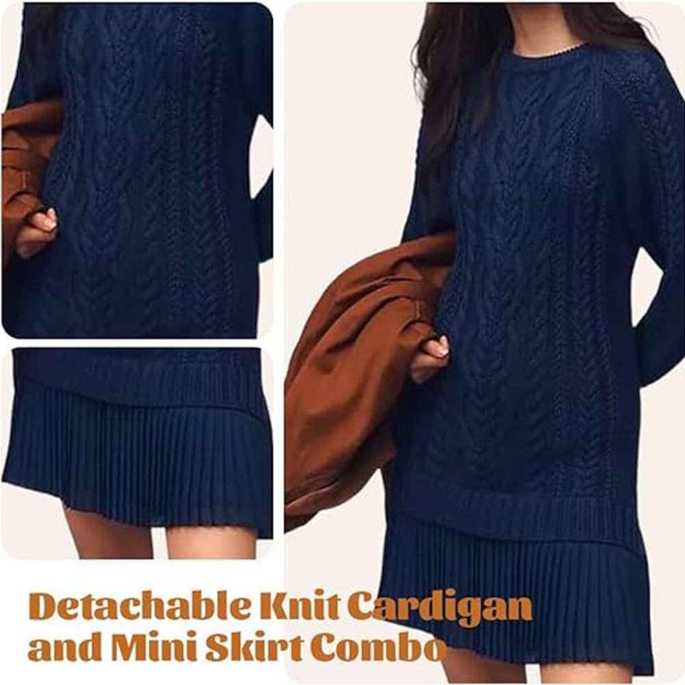 Vestido Mini de Punto Trenzado con Cuello Redondo para Mujer, Vestido de Punto Trenzado con Manga Larga, Color Liso, Traje Casual de Otoño