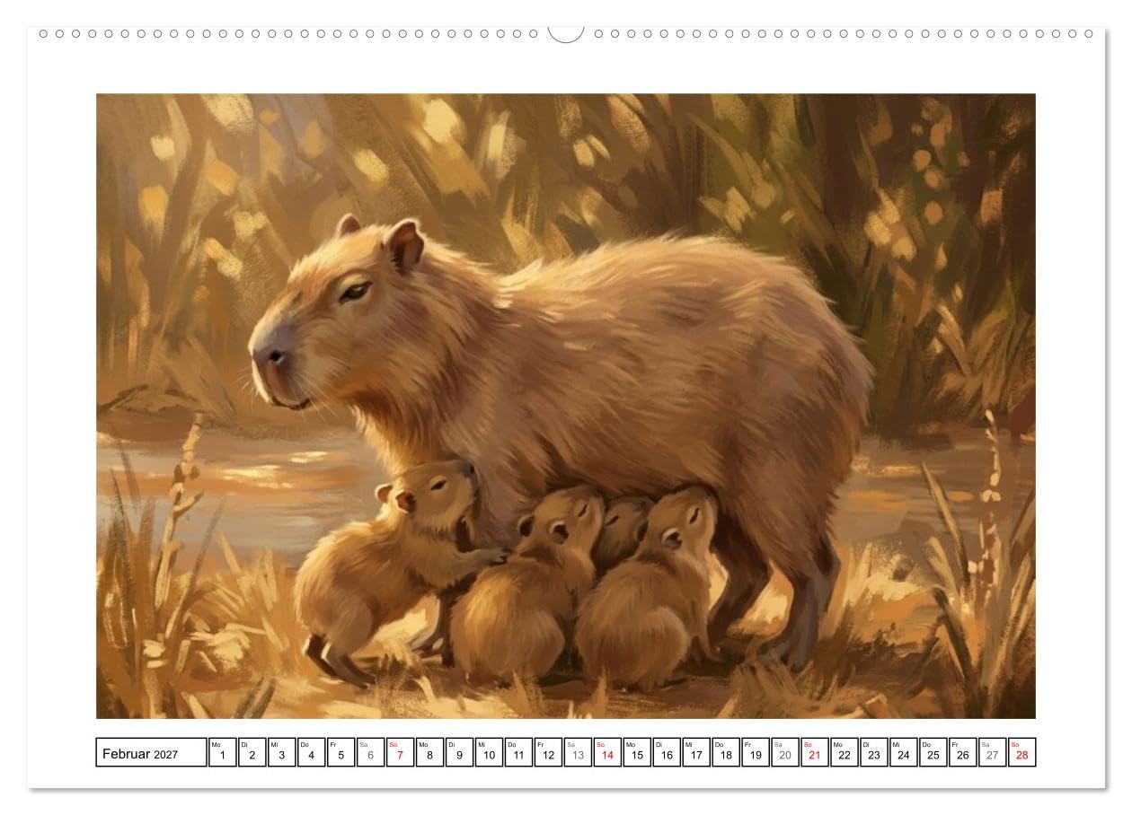 Capybara – Ein Nachmittag am Fluss (Wandkalender 2027 DIN A2 quer), CALVENDO Monatskalender: Eine Gruppe und ihre Kleinen (CALVENDO Tiere)