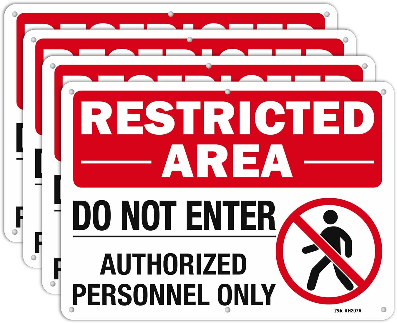 T&R Large Restricted Area Do Not Enter Authorized Personnel Only Sign - 4 Pack - 14 x 10 Inches Rust Free .040 Aluminum - UV Protected, Waterproof, Weatherproof and Fade Resistant - 6 Pre-drilled Holes