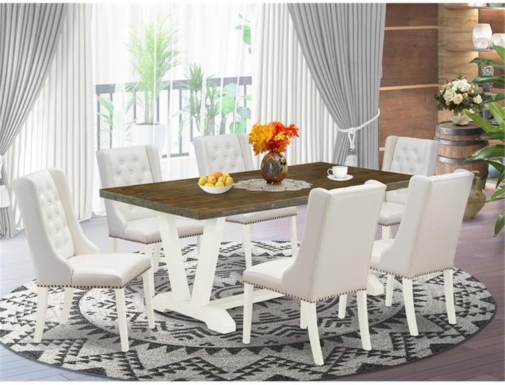 East West Furniture V077FO244-7 7 Piece Modern Dining Table Set Consist of a Rectangle Wooden Table with V-Legs and 6 Light Grey Faux Leather Upholstered Chairs, 40x72 Inch, Multi-Color