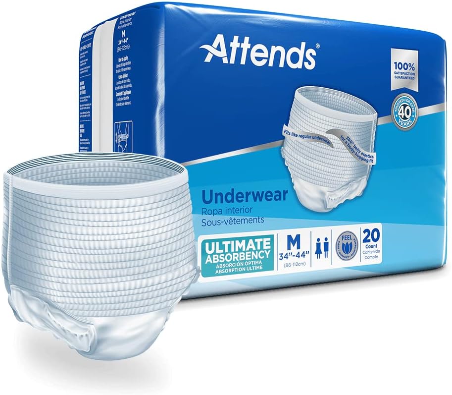 Attends Underwear for Adult Incontinence Care with Quick-dry Channels, Ultimate Absorbency, Unisex, Medium, 20 Count (x4)