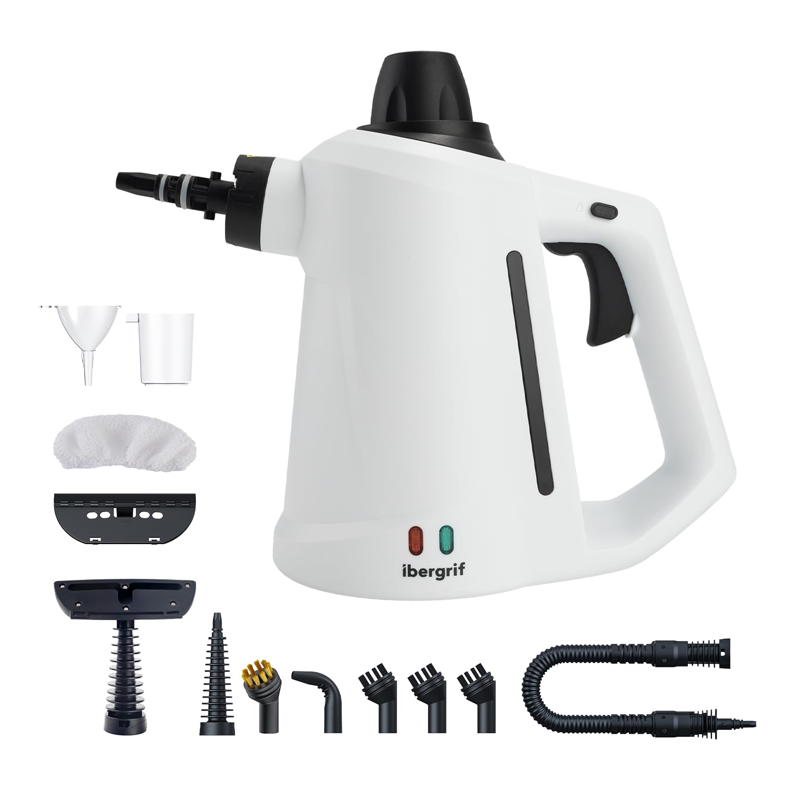 Ibergrif Nettoyeur Vapeur Portatif, 1050W avec 12 Accessoires, 3 Bar Haute Pression, Solution Sans Produits Chimiques, pour Canapé, Cuisine, Joints et Vitres, 350ml, Blanc
