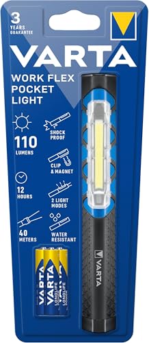 VARTA Baustrahler LED inkl. 3x AAA Batterien, Work Flex Pocket Light, handliche Arbeitsleuchte mit zwei Leuchtmodi für Raumausleuchtung, Werkstatt,...