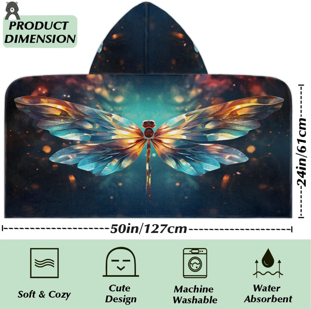 Pardick Kids Bath Towel Galaxy Dragonfly Beach Towel with Hood Pool Cover Up for Girls Boys Soft Absorbent Hooded Bath Towel Toddler Towels for Beach, Pool
