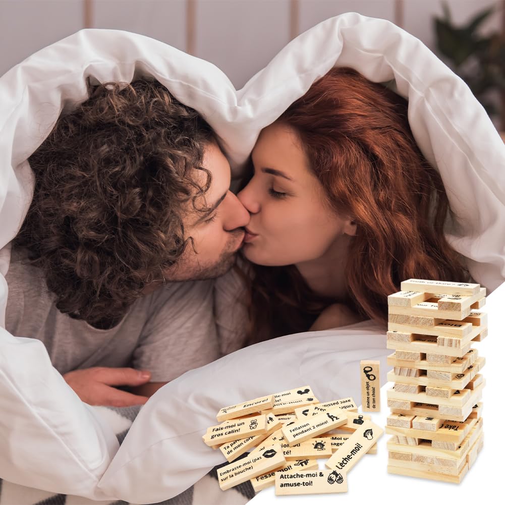 DASIAUTOEM Jeu de Tour de Blocs Coquins 48 Pièces, Lust Tower pour Couples, Jeu Coquin de Tour Infernale pour Adultes, Blocs Empilables en Bois, Cadeaux de Rencontre pour Couples Adultes