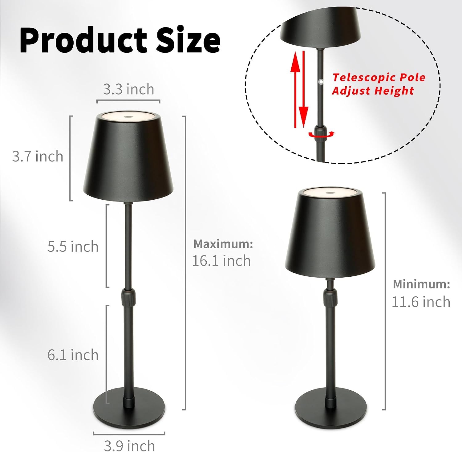 Mr.White Outdoor Waterproof Rechargeable Cordless Table Lamp with Telescopic Pole & Wicker Shade, 5200mAh Battery Operated Table Light with Touch Control, for Patio Restaurant Kitchen (Black 2 Pack)