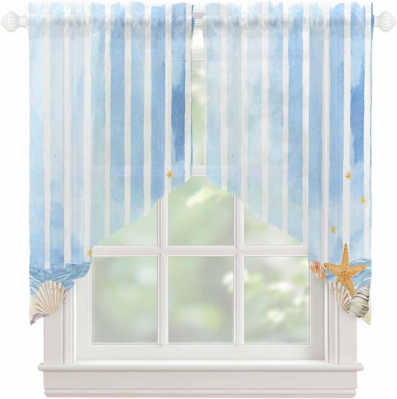 Blue Ocean Swag Curtain 63 Inches Long 2 Panels Set, Summer Marine Shells Couch Starfish Beach Watercolor Semi-Sheer Curtain Rod Pocket Valance For Kitchen,Living Room,Bathroom,Cafe 72"Wx63"L