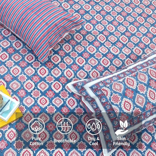 Image of TOAI Hand Block Printed Bedsheet | Bed Spread Flatsheet Bed Sheet | Pure Cotton | Queen Size 90 inchx108 inch | 210 TC Luxury Cotton | 2 Reversible Pillow Covers |Spanish Villa