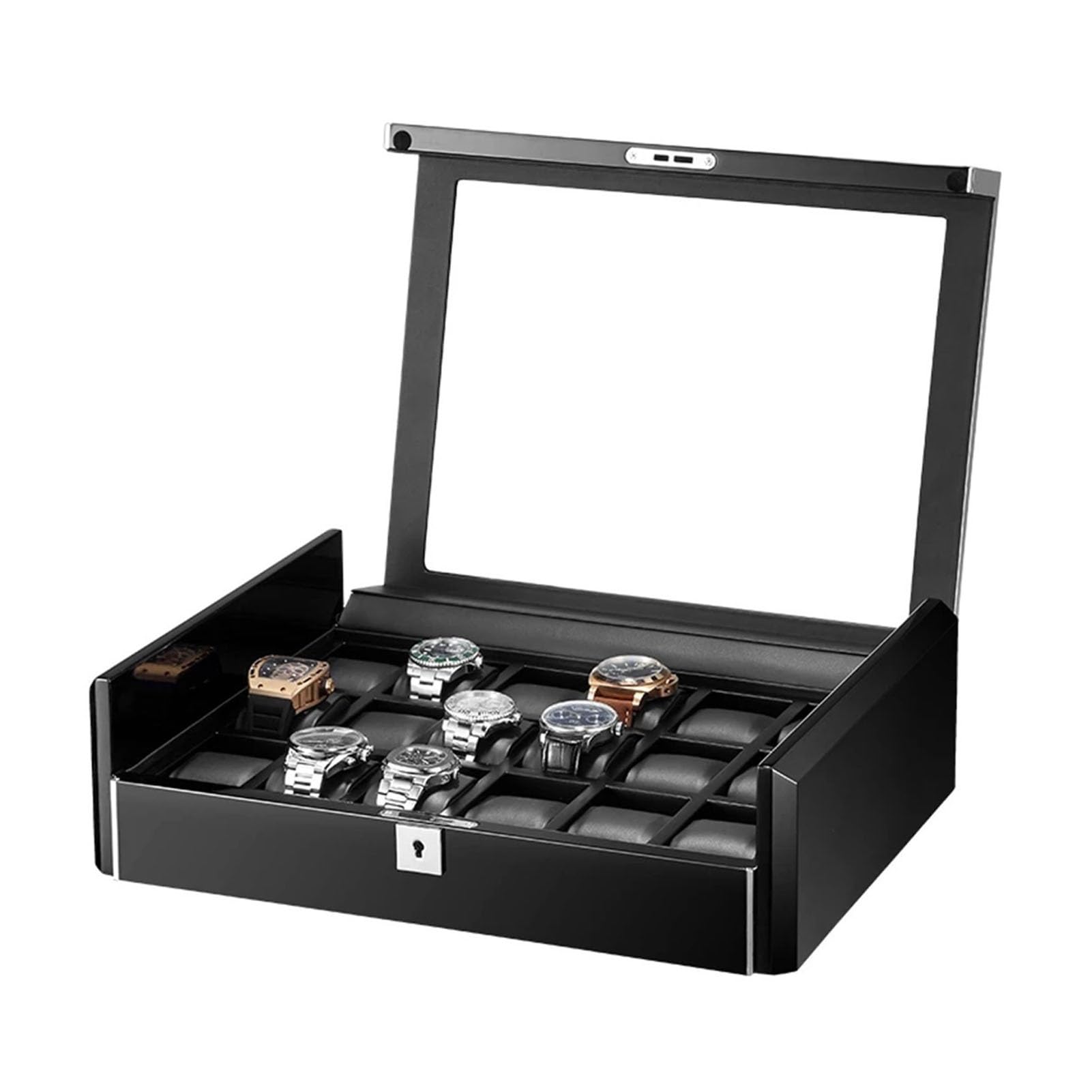 MYUYEE 18 Slots Watch Box Organizer Men Watch Display Storage Case Fits All Wristwatches And Smart Watches Carbon Fibre Pu Leather Removable Watch Pillow (All Black)