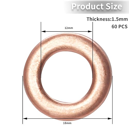 Miniatura 2 de Kyuionty 60 arandelas de cobre M12, arandelas de sellado métricas de cobre, junta de sello de anillo plano, 0.472 in de diámetro interior, 0.709 in
