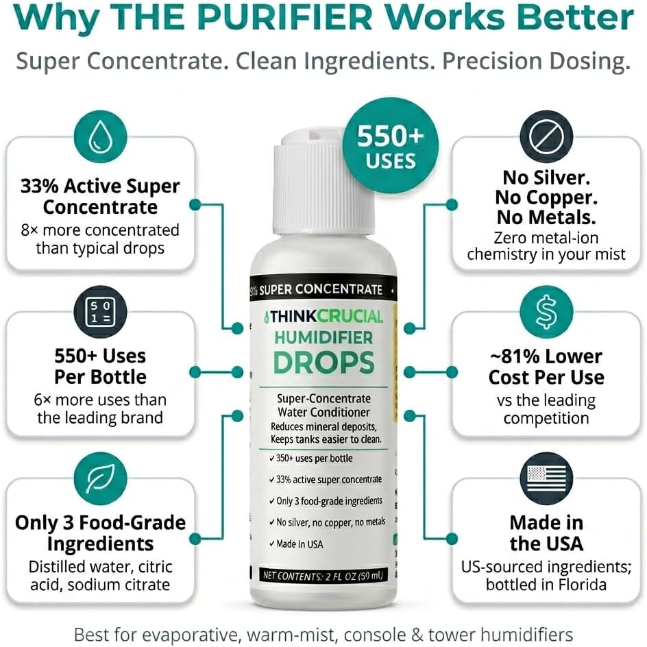 Think Crucial Humidifier Drops, 2oz | 550-Use, 33% Super Concentrate, 3 Food-Grade Ingredients