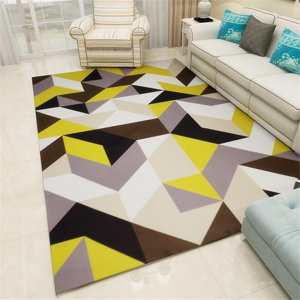 Tapis lavable jaune géométrique pour en finir avec les taches du salon