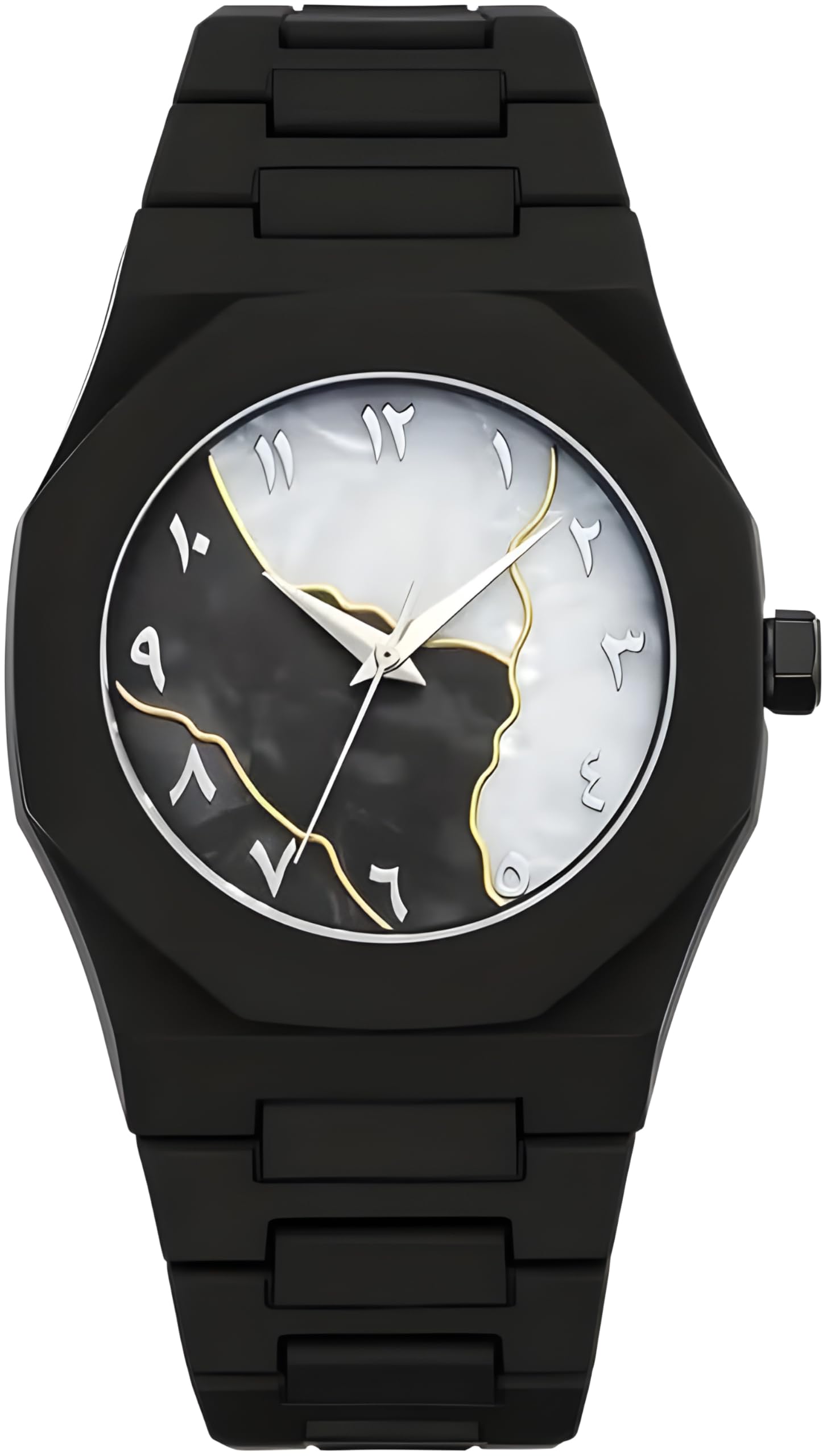 Arabic Numeral Wristwatch, Black Mate Stainless Band, Aura Watch, Men's Watch, Luxury Casual watch, Luxury Casual watch, Blue and Pearl White Dial