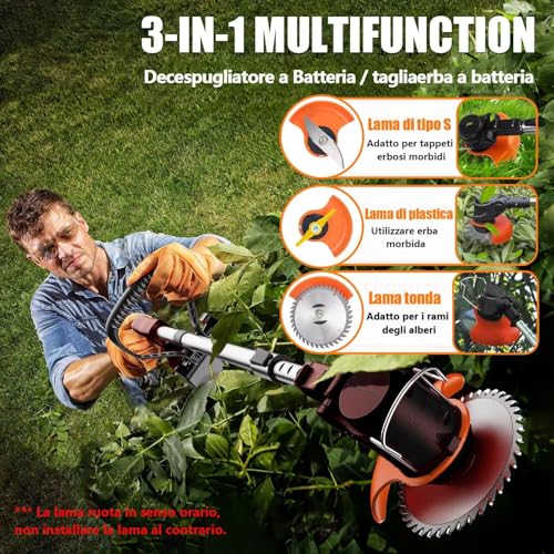 Decespugliatore a Batteria, Decespugliatore Elettrico Con Lama in Metallo, Tagliabordi a batteria Con 2 Batterie da 21V 2000 mAh, Maniglia a scomparsa e rotazione della testa di 90° - Immagine 3