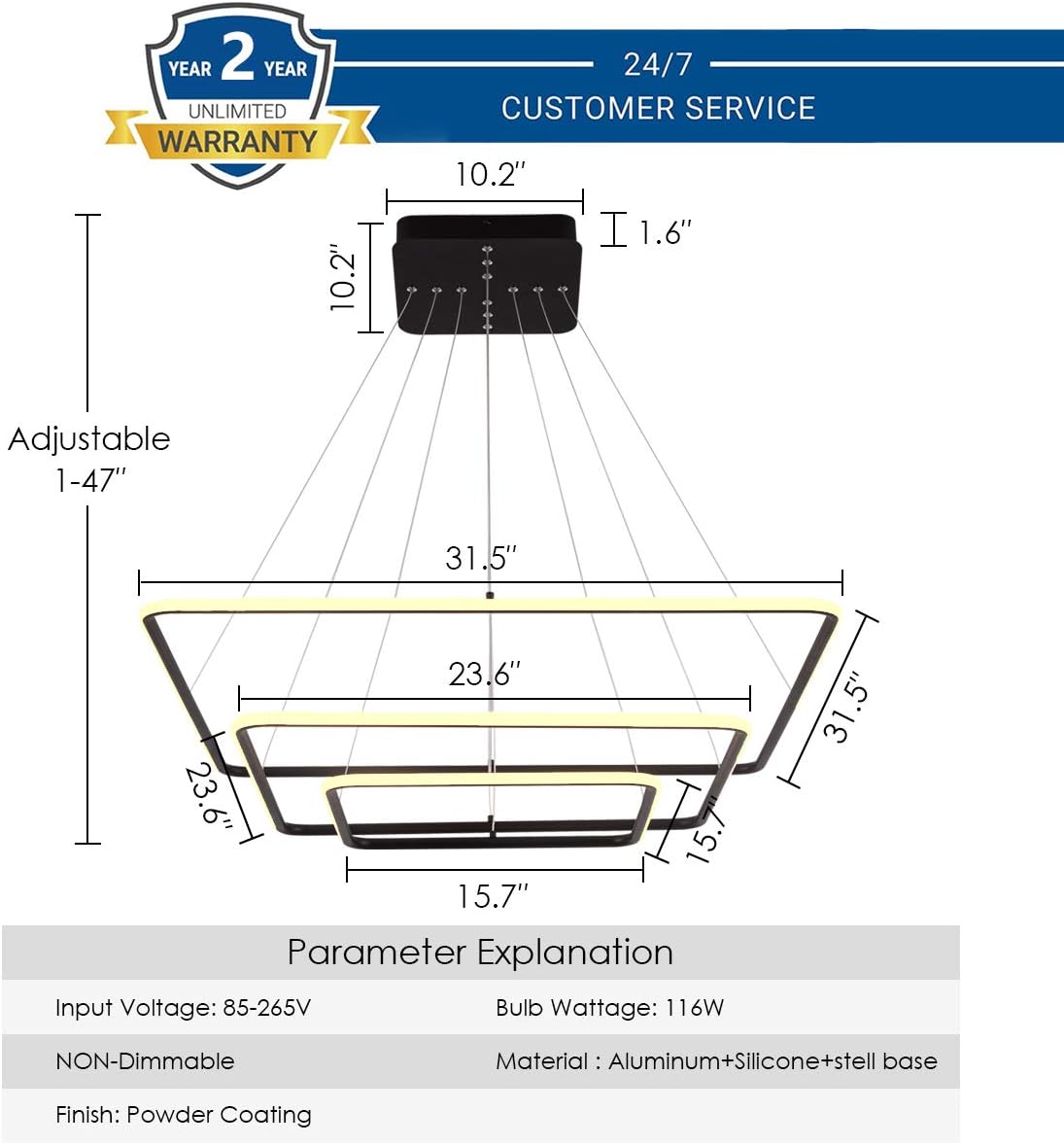 Flash Deals - 50% OFF Royal Pearl Modern Square Led Chandelier Adjustable Hanging Light Three Ring Contemporary Ceiling Pendant Light H47 X L32 x W32 Not Dimmable