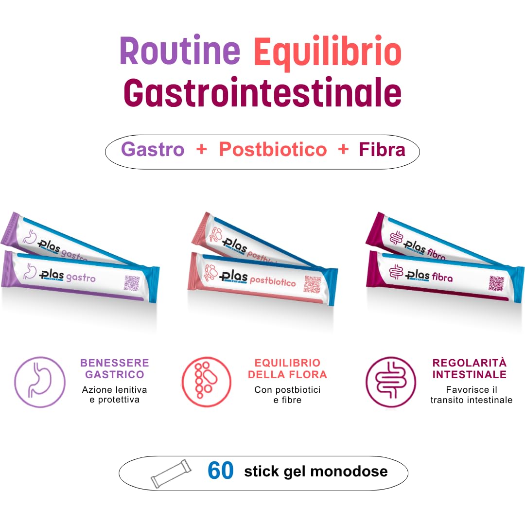 Routine Equilibrio Gastrointestinale – Gastro + Postbiotico + Fibra – 60 Stick Gel Made in Italy