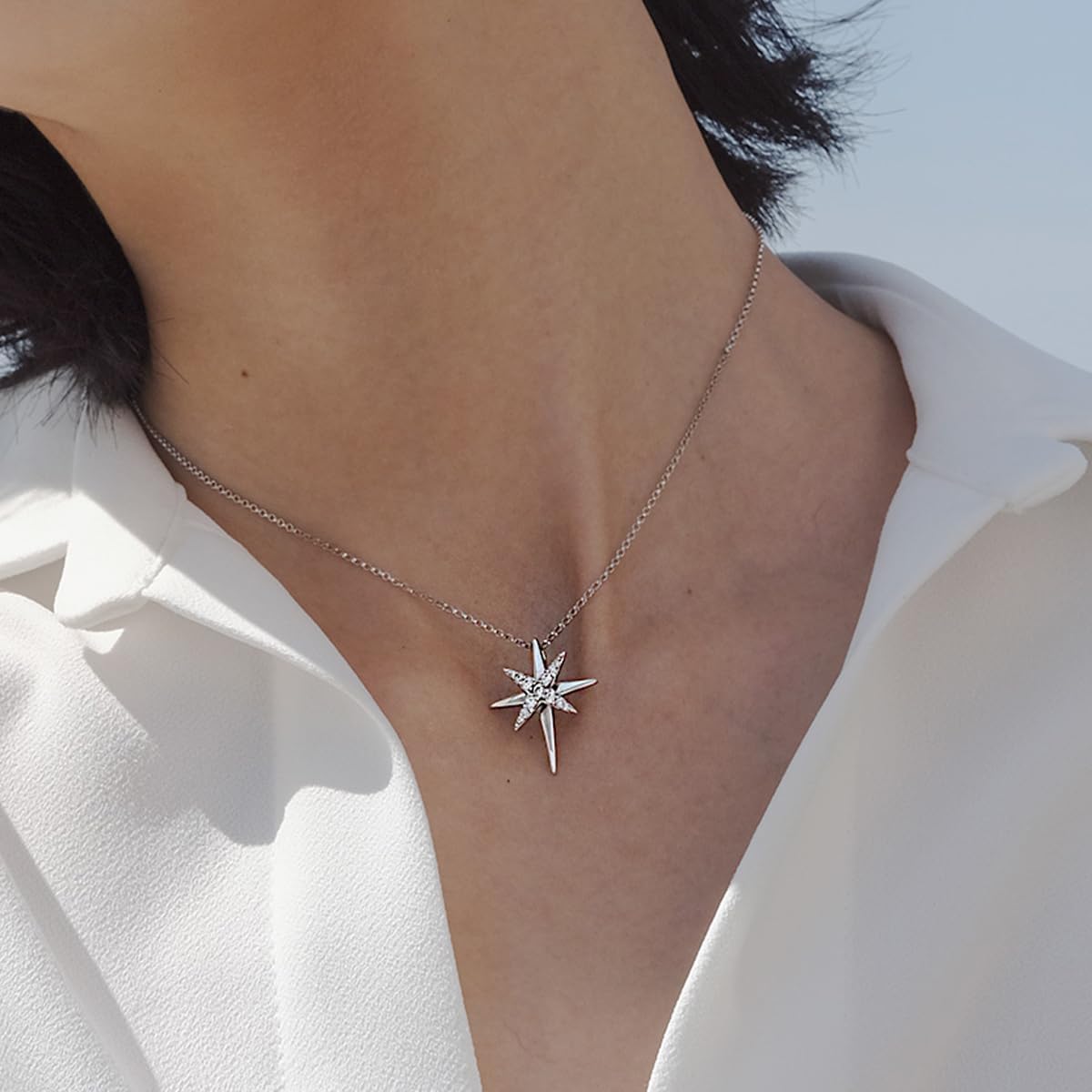 MISS MIMI North Star Pendant Necklace for Women,Cubic Zirconia CZ Eight Point Star Design,925 Sterling Silver Adjustable 16" to 18" Chain,Dainty Layering Jewelry Gift - Image 8