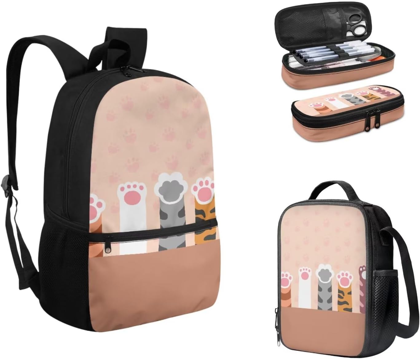 Cute Cat Paw School Backpack Set Backpack Lightweight Kids School Bookbag Girls Casual Daypack for Girls 4-5/6-8,Reusable Thermal Lunch Bag Large Capacity Pencil Bag Case