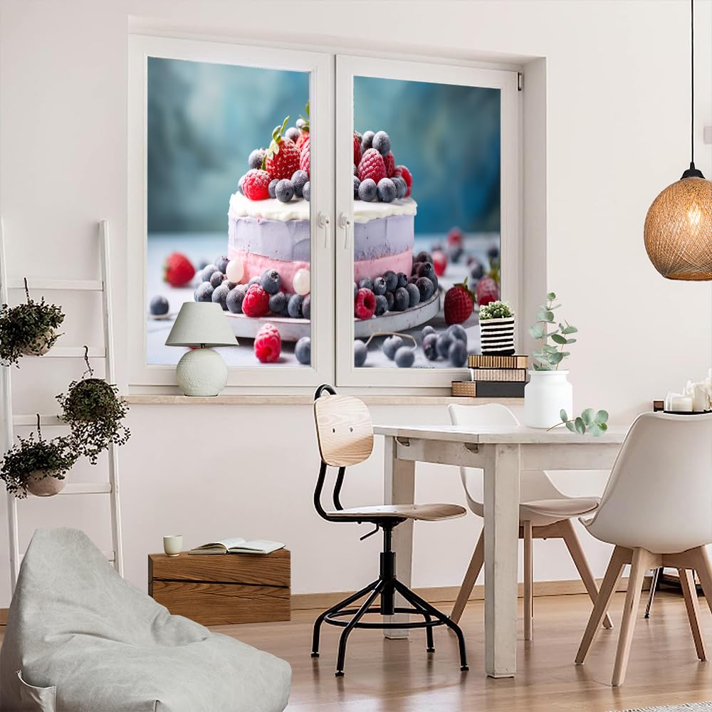 Pellicola per la privacy per finestre con torta di frutta, frutti di bosco dolci, rivestimenti per finestre in vetro colorato, senza colla, pellicola statica per finestre per casa, ufficio, negozi, 90