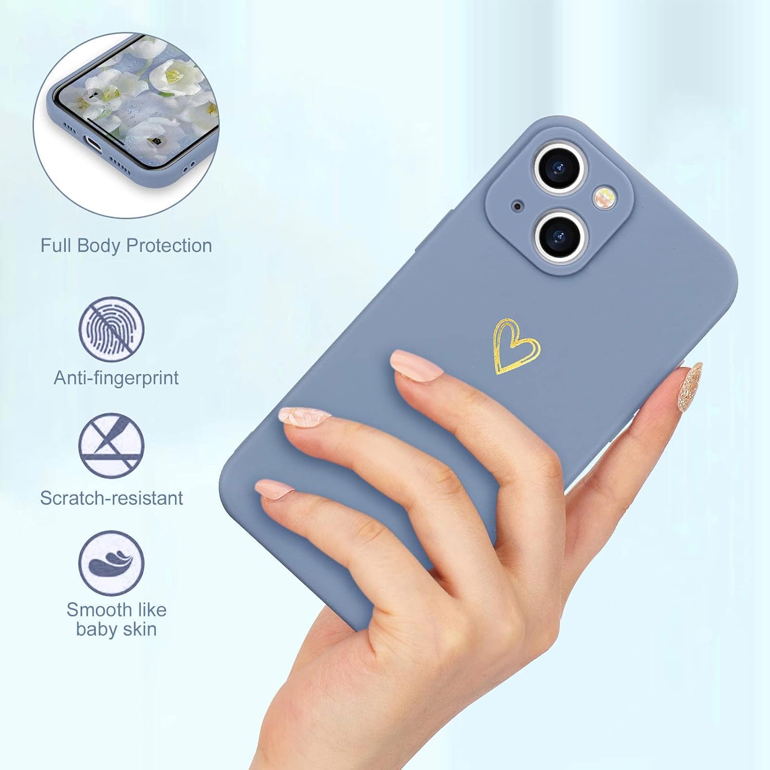 Wirvyuer for iPhone 13 Case Cute Slim Shockproof Phone Case with Wireless Charging Support and Protection, Blue Grey