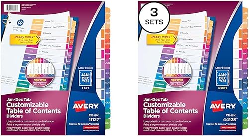 Avery Separadores de pestañas para carpetas de 3 anillas, 1 juego (11127) y 12 de enero a diciembre de 12 separadores de pestañas para carpetas de 3