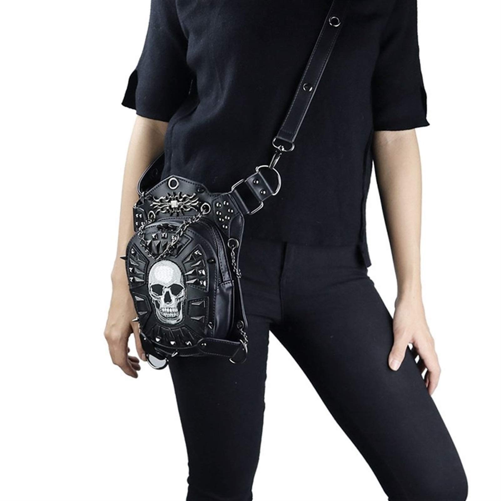 Pu-Leder Frauen Gürteltasche Nieten Schädel Crossbody Umhängetasche Motorrad Drop Bein Gürtel Taschen Punk Rock Nachricht Tasche Hüfttasche Männer Adjustable (Color : Black)