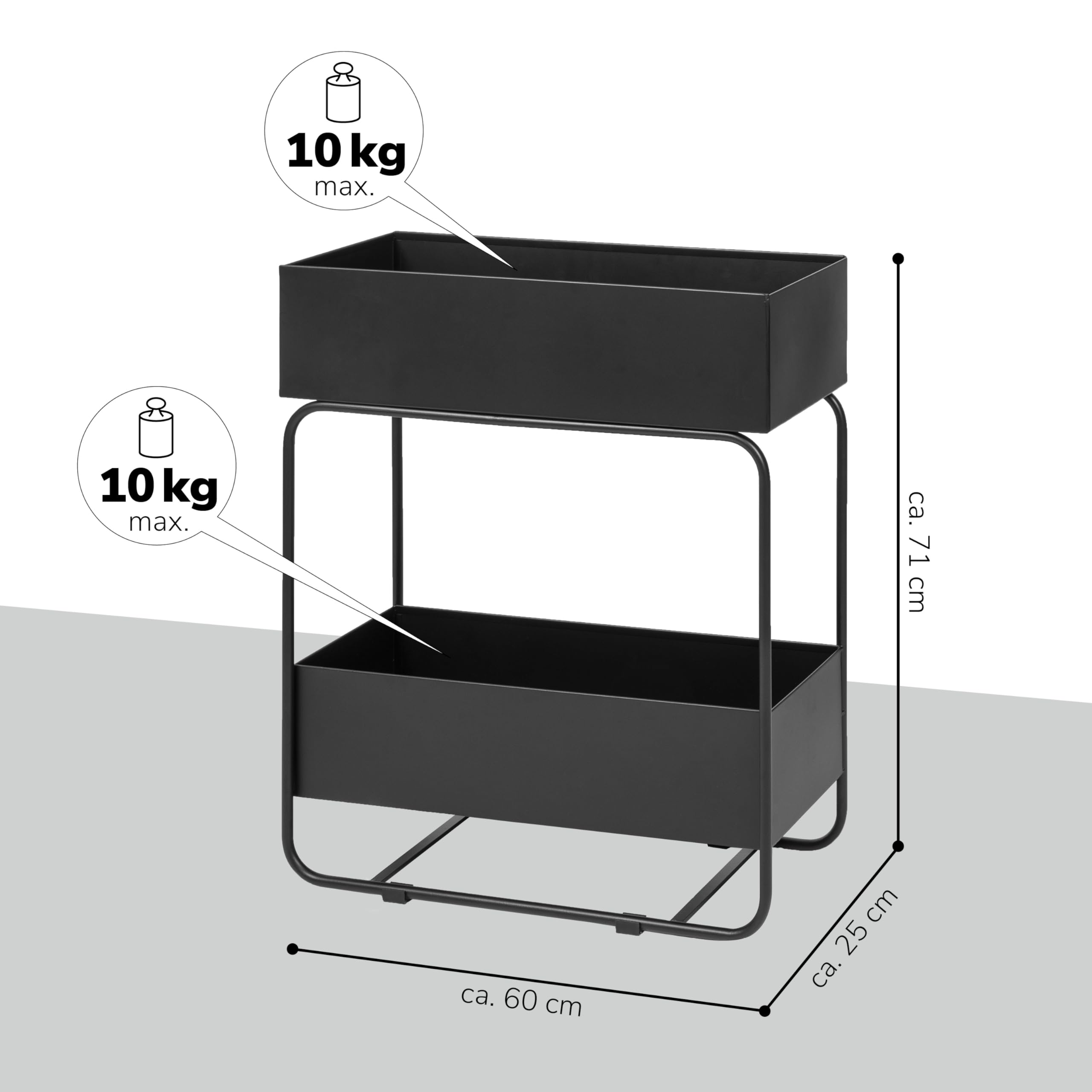 Eluno Pflanzenständer Aus Metall – 2 Ablagen, 60x29x72 Cm, Schwarz, Höhenverstellbare Füße