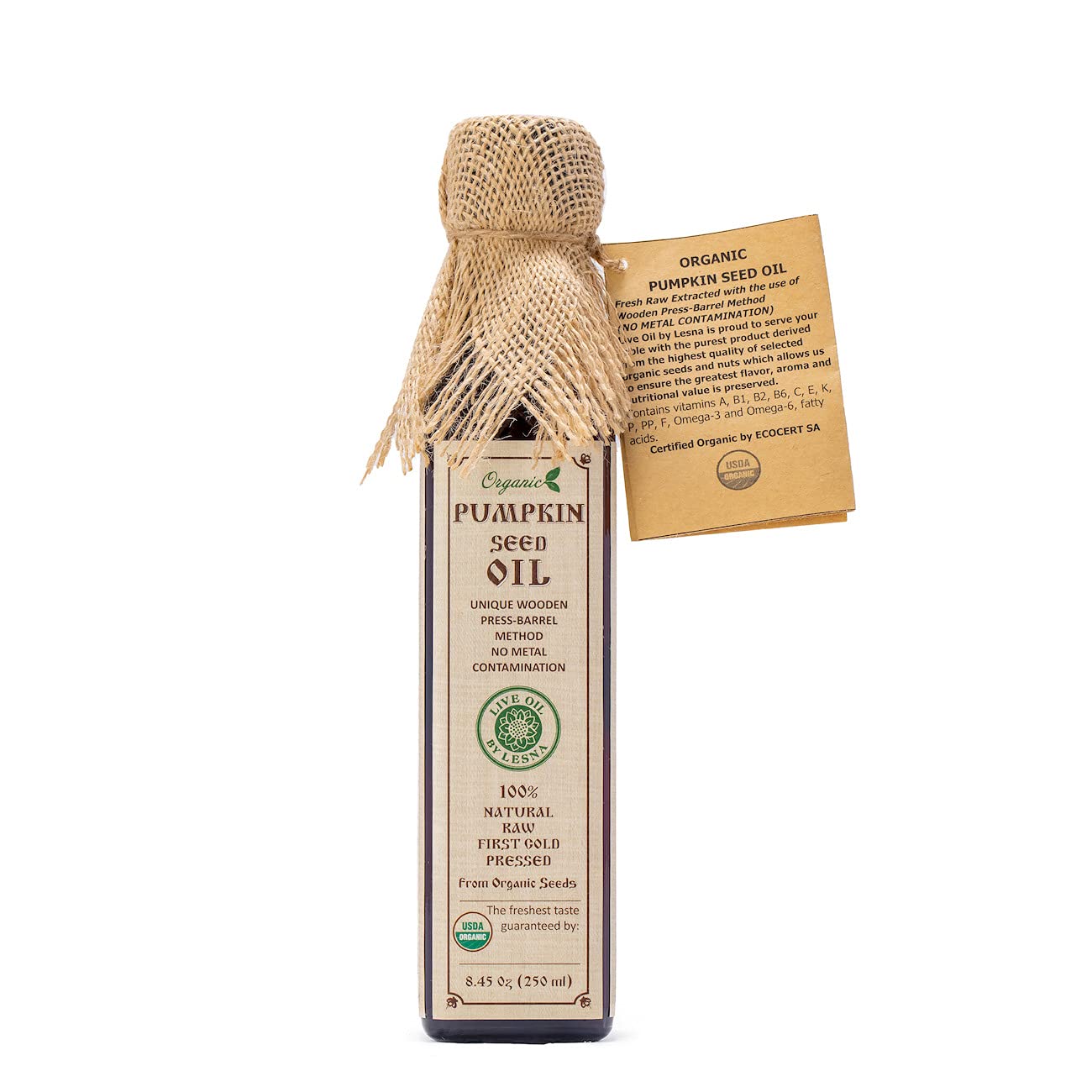 Organic Raw Cold-Pressed Pumpkin Seed Oil - 8.45 oz USDA Certified, Freshly Pressed