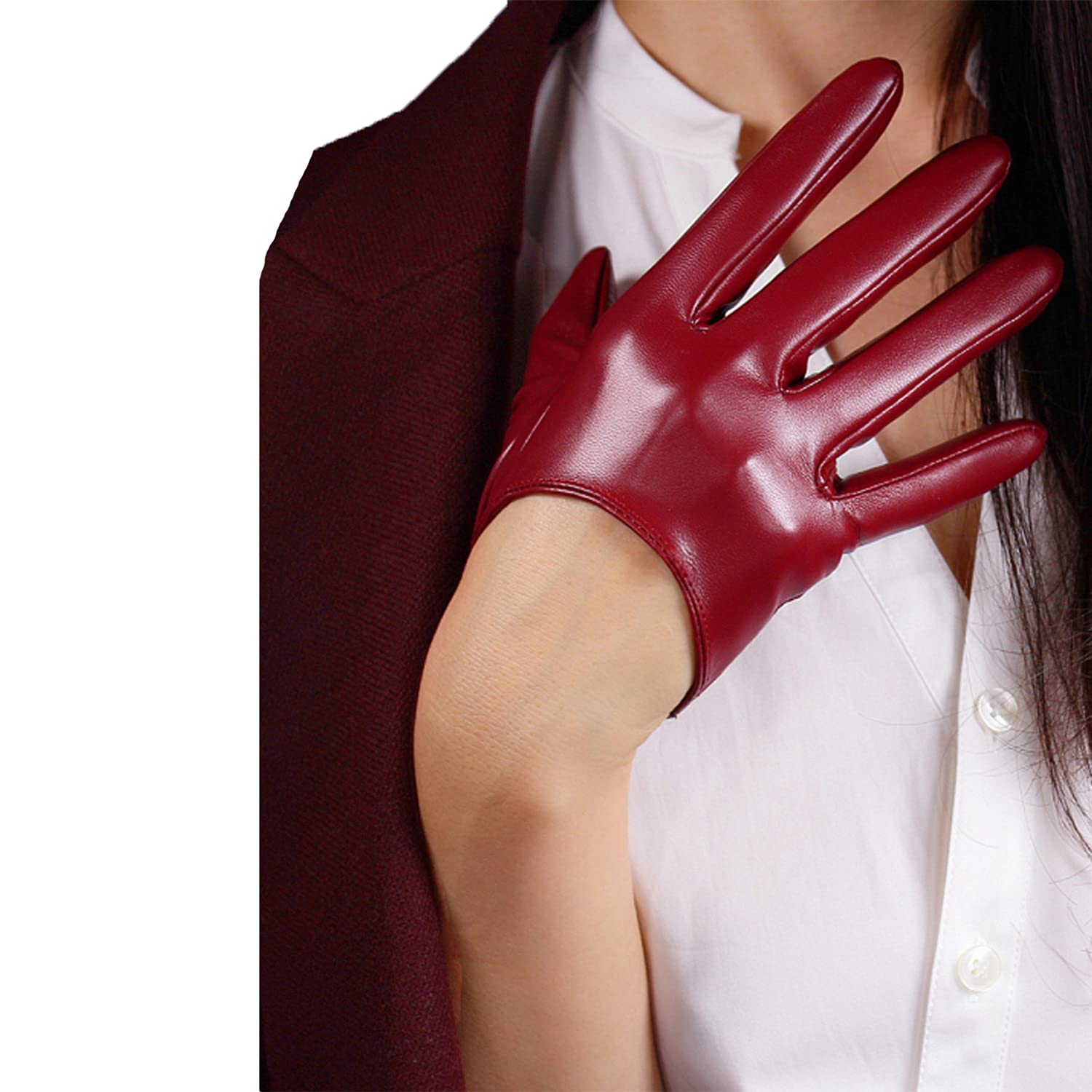 DooWayExtra Short Leather Gloves Half Palm 5-inch Faux Lambskin PU Dark Red  Burgendy Dress Party Cosplay Gloves