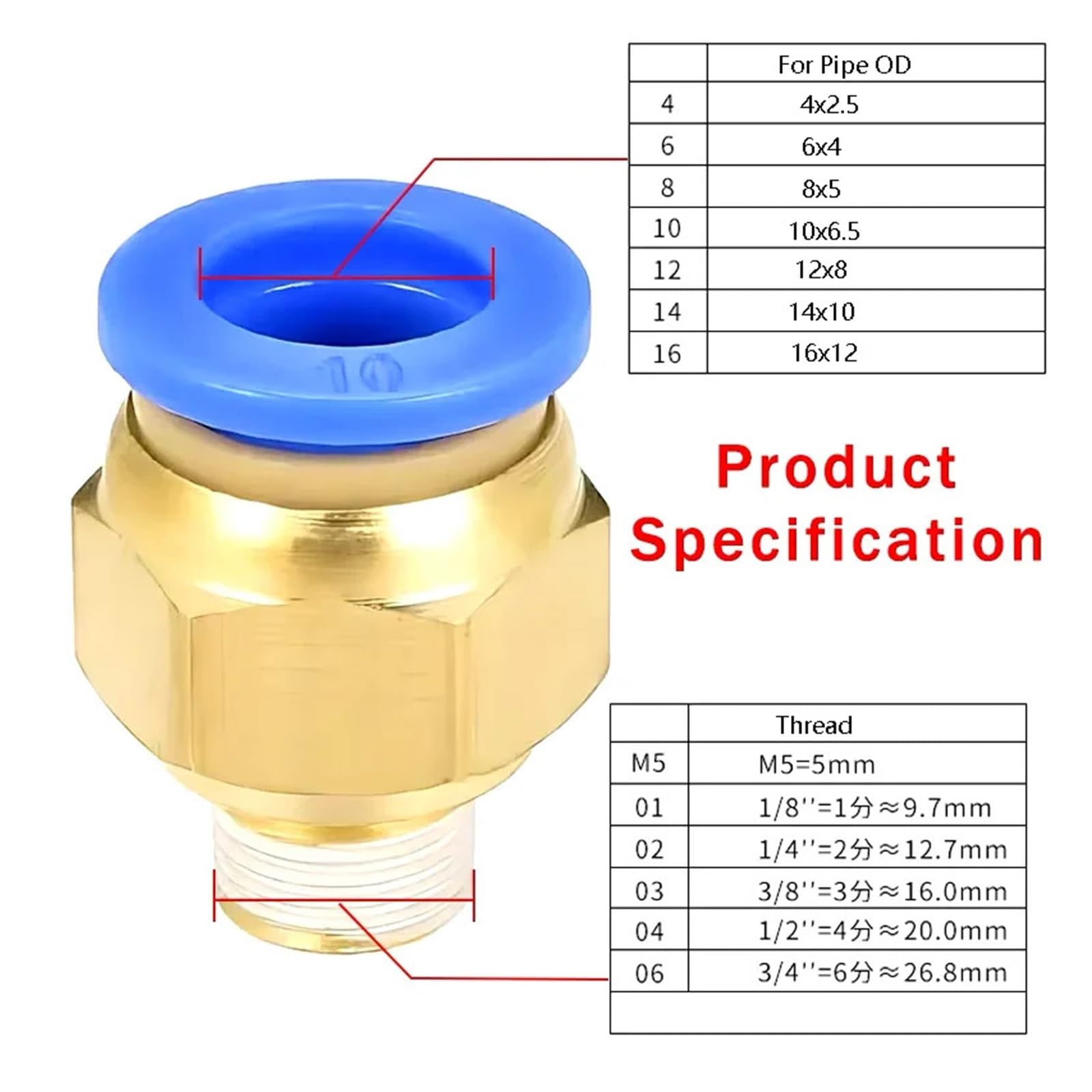 5-1000 Uds Conector De Aire Neumático PC 4mm 6mm 8mm 10mm 12mm Rosca 1/8 "1/4" 3/8 "1/2 Accesorios Manguera Rápido Tubería(PC4-M5,500 PCS)