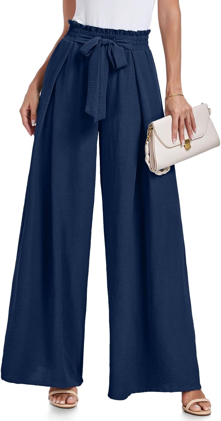 Wide Leg Pants for Women High Waisted Palazzo Pants Work Casual Flowy Tie Knot Trousers with Pockets