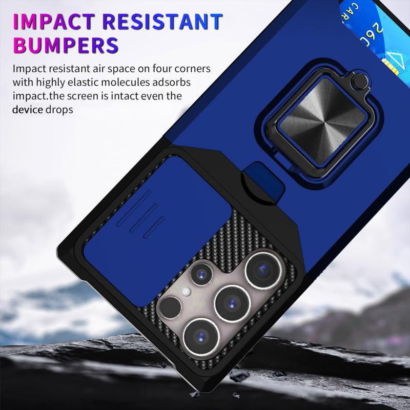 Image of LuxuryKase Shockproof Armor Case for Samsung Galaxy S24 Ultra | Slide Camera Cover | Hidden Card Slot | Rotating Ring Kickstand | Magnetic Car Mount Support | Military Grade Protection - Blue