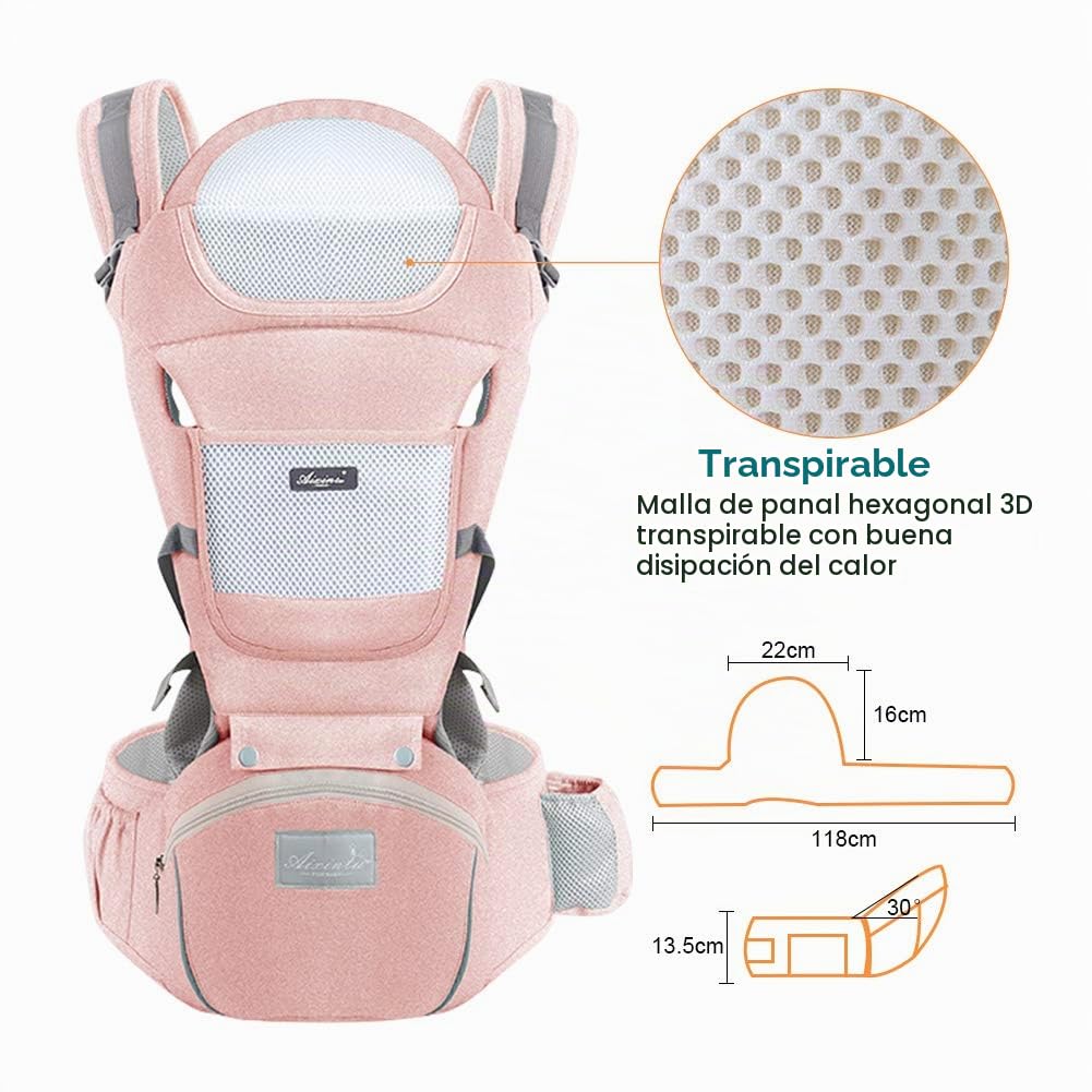 Portabebes Ergonómico con Asiento, de puro algodón transpirable y ligero, Porta Bebes Recien Nacidos de 0 a 36 meses (inferior a 25 kg), con reposacabezas y capucha, rosa