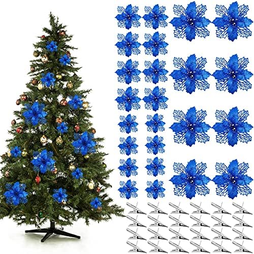 MCEAST 24 Pieces Christmas Artificial Poinsettia Flowers with 24 Clips Glitter Christmas Flower for Christmas Tree Ornaments Xmas Wedding Party Decor, Blue