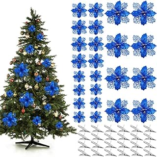MCEAST 24 Pieces Christmas Artificial Poinsettia Flowers with 24 Clips Glitter Christmas Flower for Christmas Tree Ornaments Xmas Wedding Party Decor, Blue