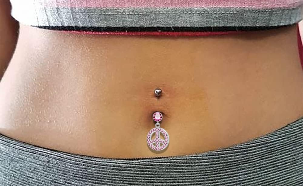 Multi Crystal Gemstones Peace Sign Dangling Design 925 Sterling Silver with Stainless Steel Belly Ring - Belly Button jewelry - Navel jewelry