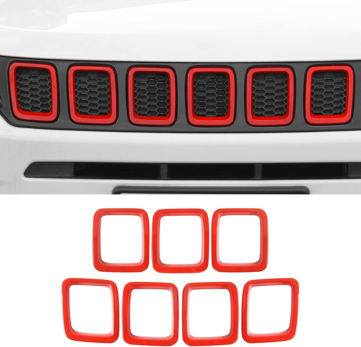 Grille Grill Cover Inserts Frame Trim Kit for Jeep Compass 2017 2018 2019 2020 (Red)