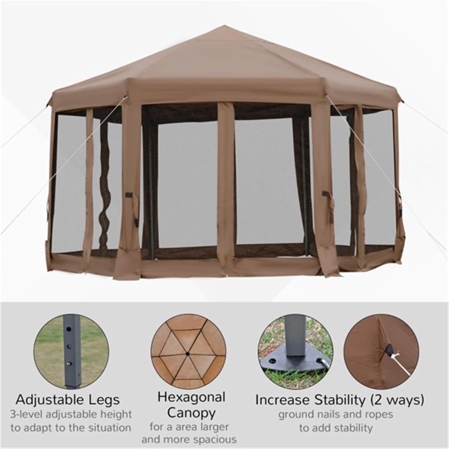 12.5' ​​x 10.5' X 8.7' Pop-up Canopy, Party Tent, Pergola, Gazebo, 3-Level Adjustable Legs, 6 Sand Troughs, Foldable Steel Frame, Dark Brown