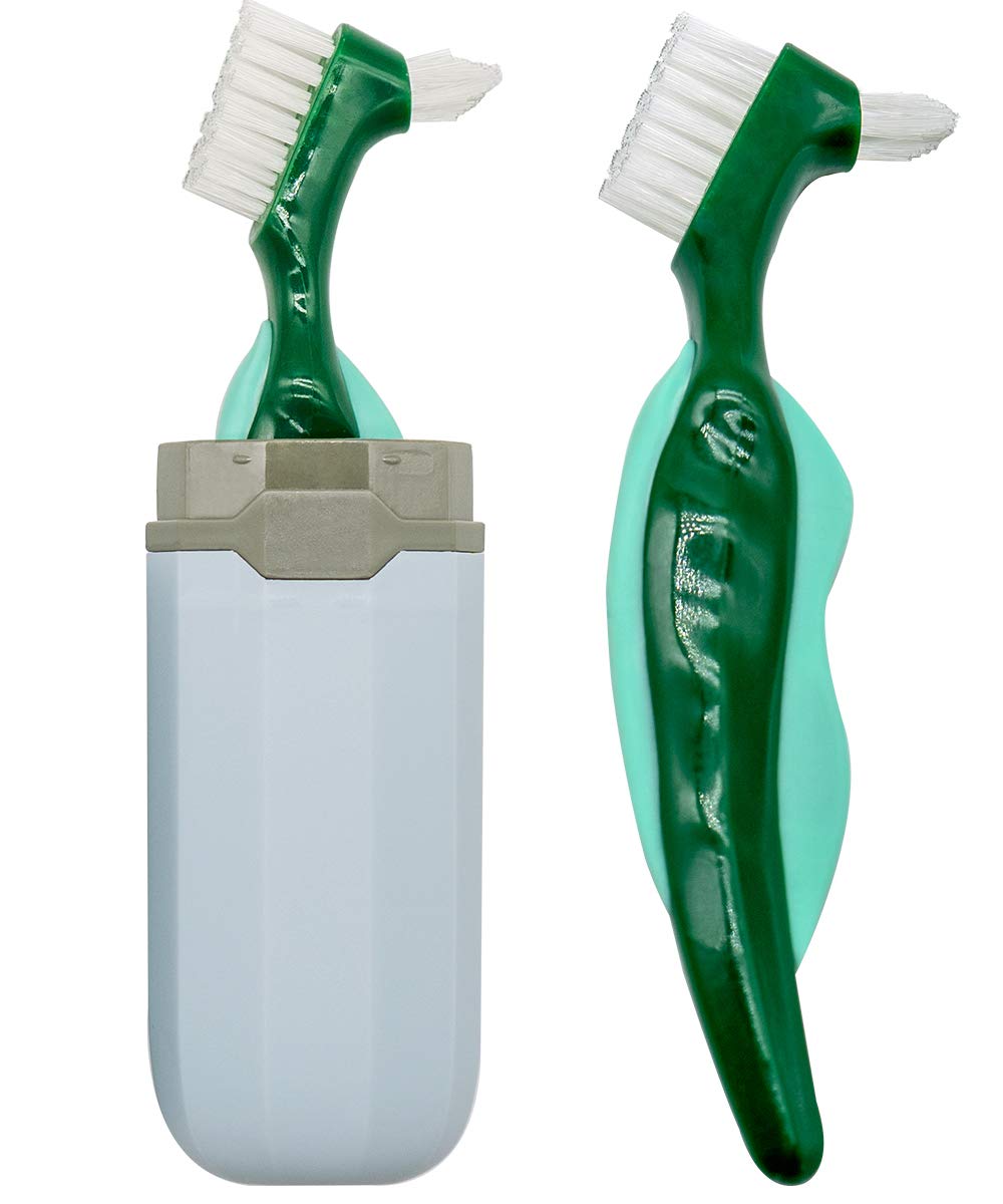 Denture Case, Denture Cups Bath, Toothbrush with hard denture and portable toothbrush box, Dentures Container with Basket Denture Holder for Travel (Green)