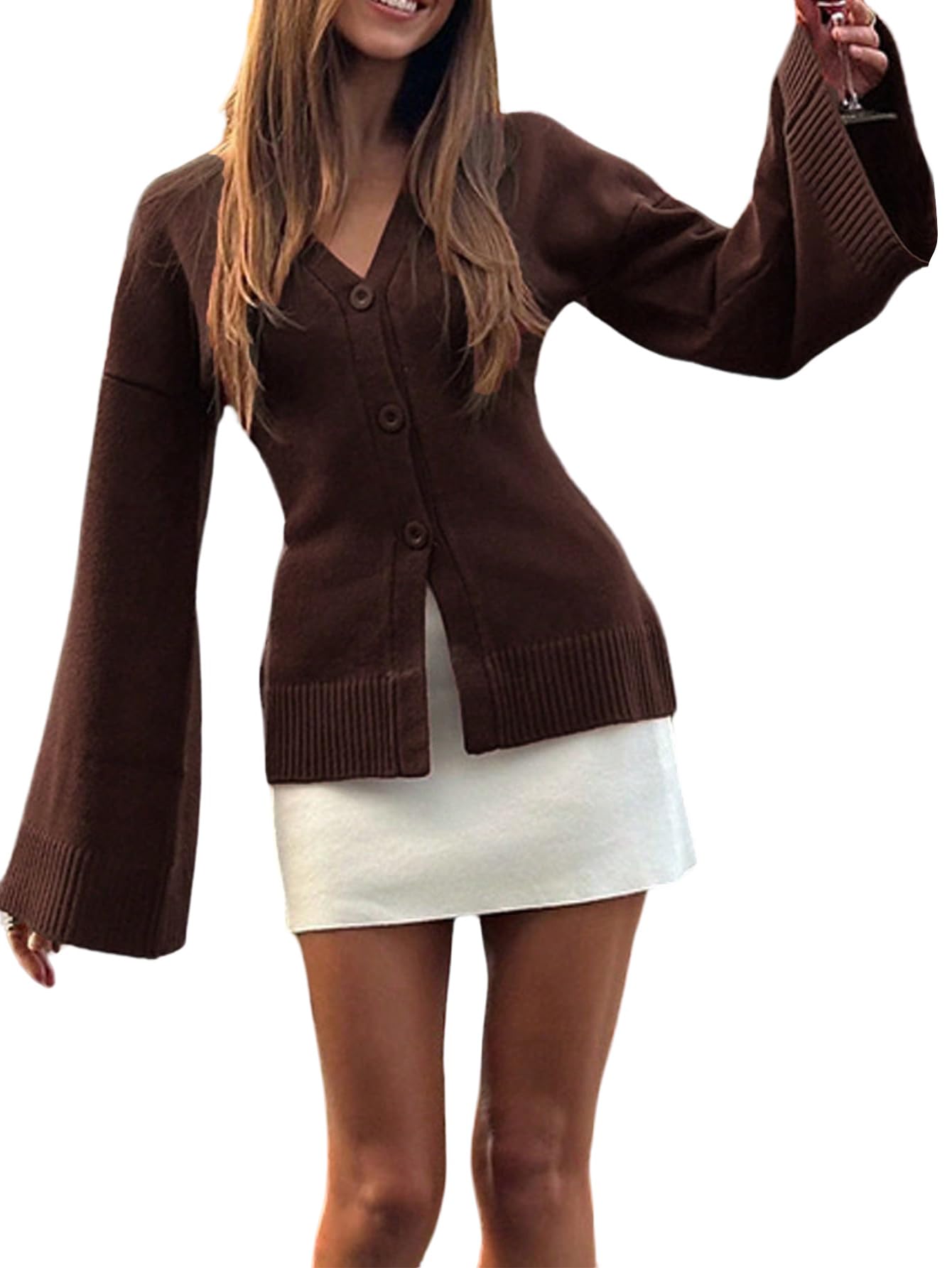 MakeMeChic Womens Y2K Long Bell Sleeve Cardigans Sweater V Neck Button Down Open Front Knit Fall Clothes