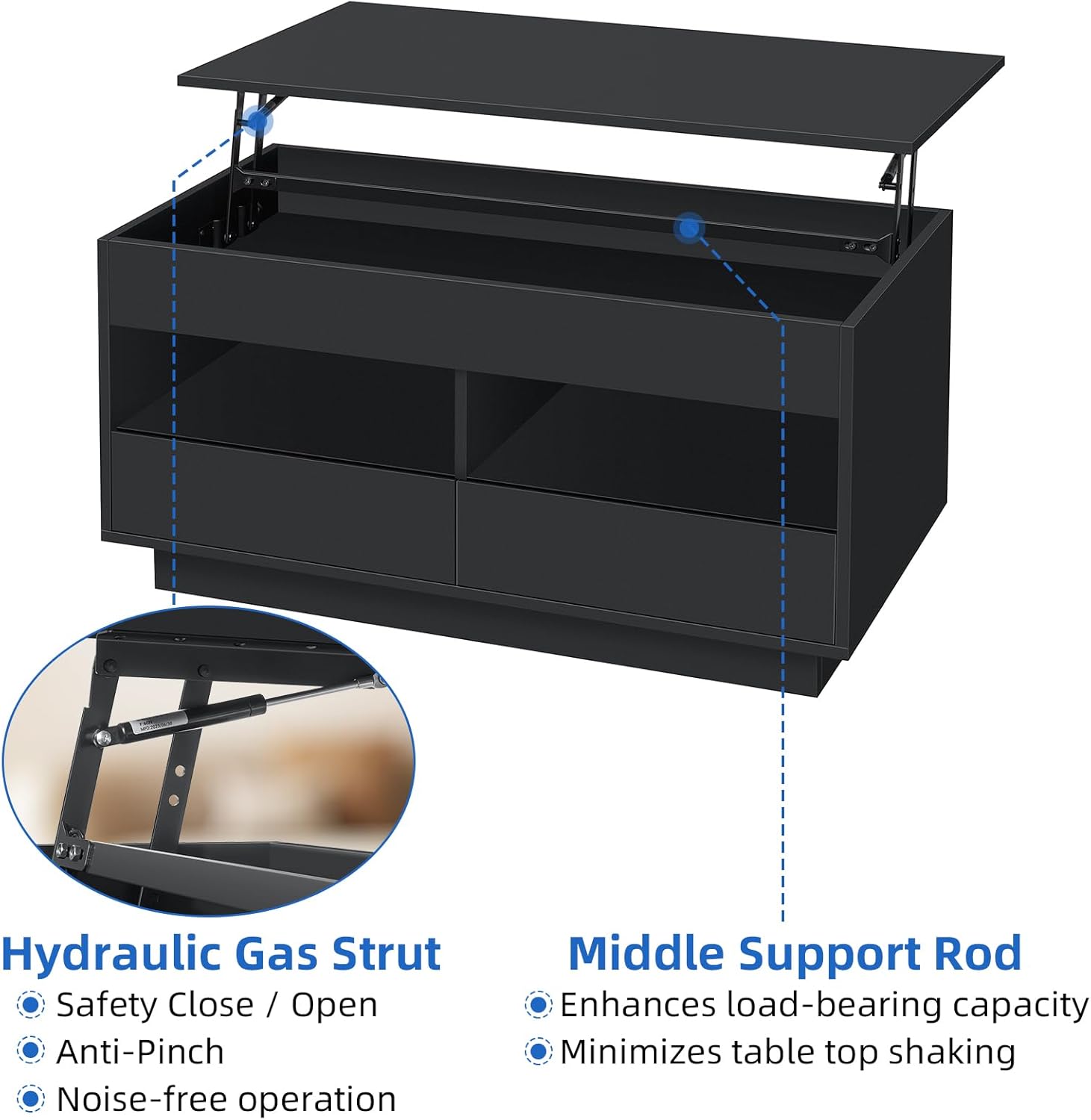 HOMMPA Lift Top Modern Coffee Table with LED Light & Storage - Black, High Gloss, Living Room Center Table with Hidden Compartment & 2 Open Shelves & 2 Drawers