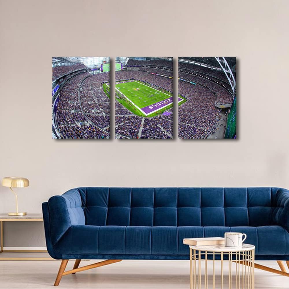 American Minnesota Football Sports Stadium Pictures Vikings Paintings 3 Panel Canvas Wall Art U.S. Bank Stadium Artwok Home Decor for Living Room Bedroom Office Giclee Framed Ready to Hang (42"Wx20"H)