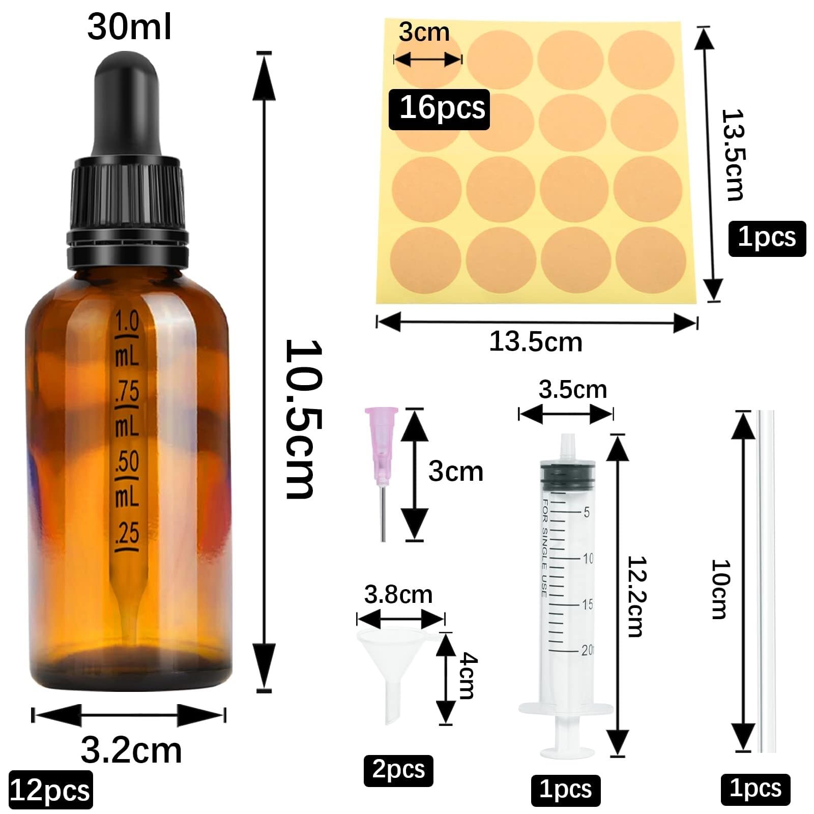 Frasco Cuentagotas de Vidrio Marrón 50ml - Pack de 2 con Cuentagotas & Accesorios, Antifugas para Aceites Esenciales & Aromaterapia(30ml 12pcs)