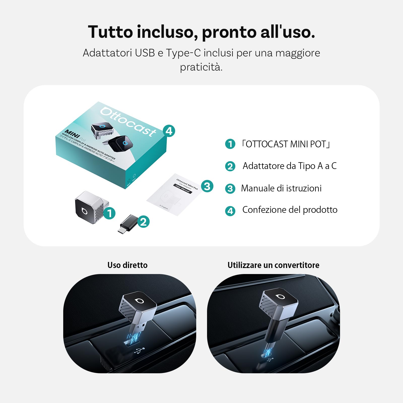 OTTOCAST Mini Pot 2025, Adattatore Wireless 2 in 1 per CarPlay e Android Auto, Compatibile con iOS 10+/Android 11+ e Auto dal 2016 in Poi, Plug & Play, USB-A/Type-C, Aggiornamento OTA, Argento