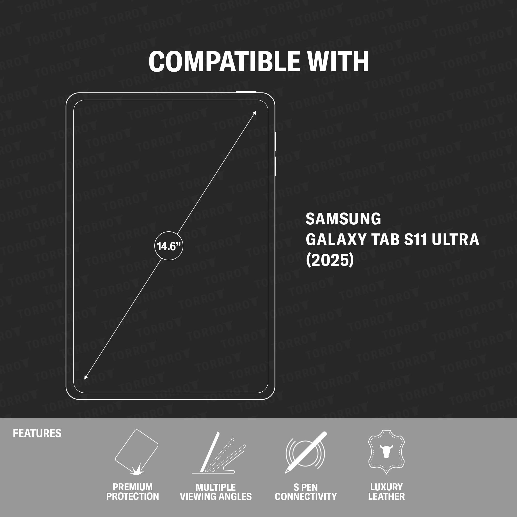 TORRO Custodia in pelle compatibile con Samsung Galaxy Tab S11 Ultra – Custodia in pelle premium per Galaxy Tab S11 Ultra 14.6” 2025 con funzione stand (Nero con dettagli rossi)