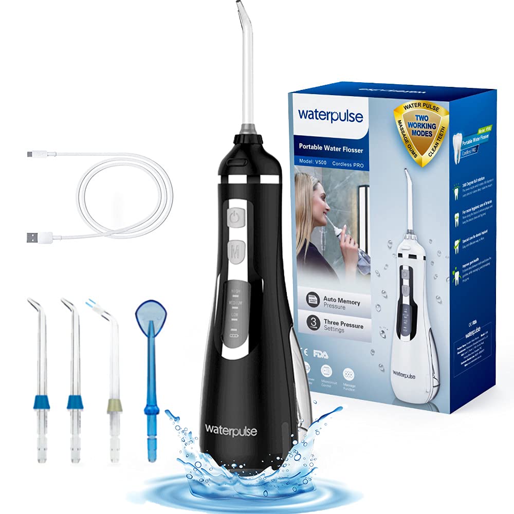 Smilee Cordless Dental Water Flosser, IPX7 Waterproof 3 Modes & 4 Jet Tips with Cleanable Water Tank Oral Irrigator Portable and Rechargeable for Home and Travel, Teeth Braces Care (Black)