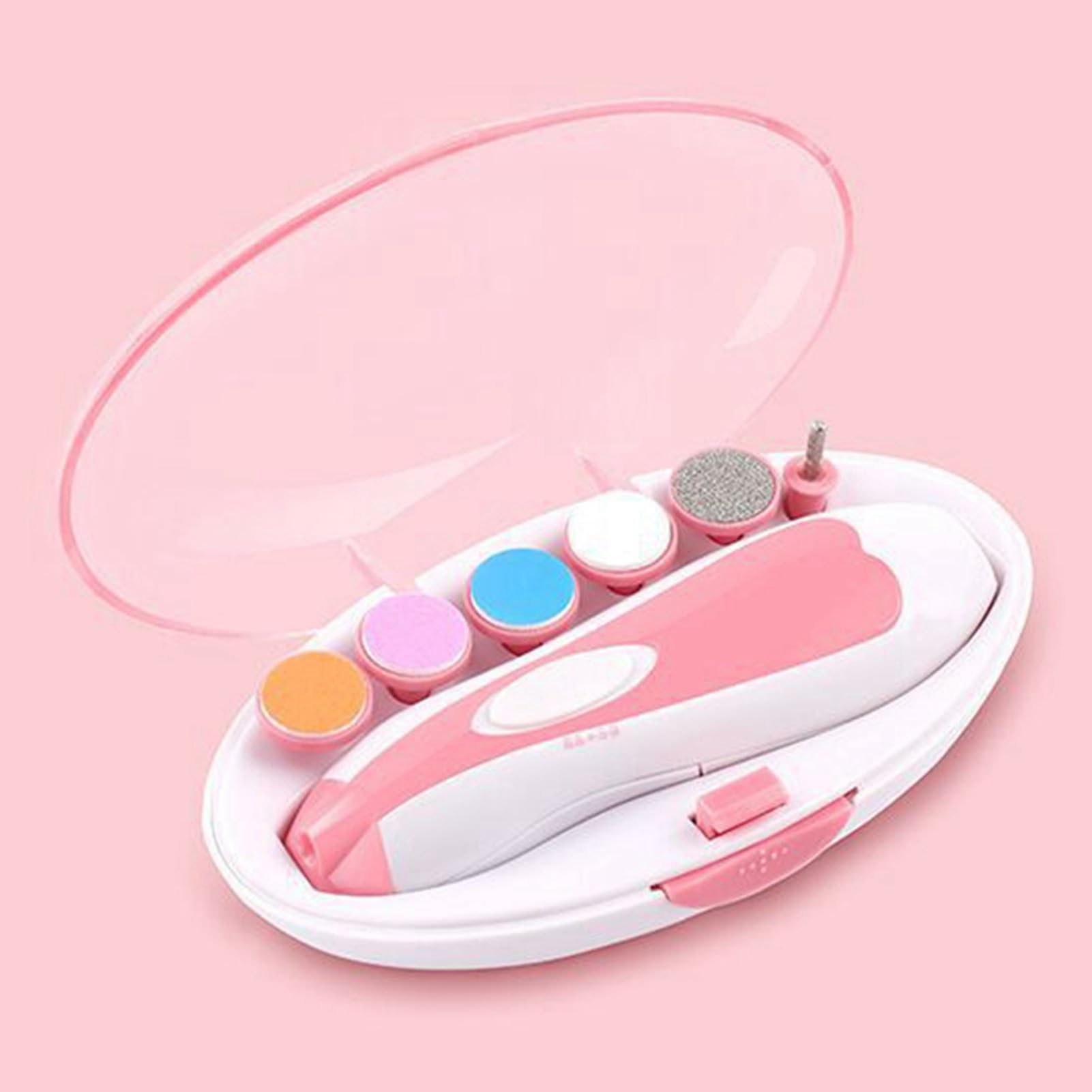 Electric Nail File, 6 in 1 Baby Nail Trimmer Electric Nail Trimmer Kit Baby Nail File Baby Nail Trimmer with 6pcs Sander Heads LED Light for Infants Toddlers Kids (Pink)