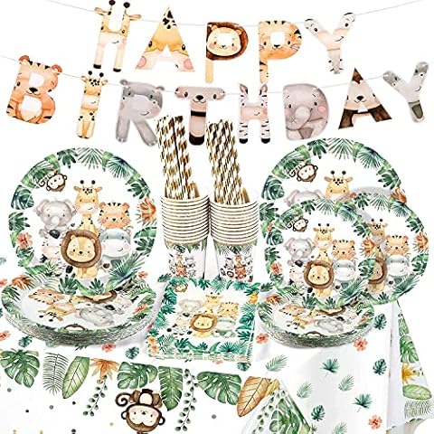 Dschungel Safari Partygeschirr für 25 Gäste,Geburtstag Party Geschirr, Einweggeschirr Set 127 Stück Papier Teller Tassen Servietten Strohhalme für Wild One Geburtstag Deko Babyparty Deko Junge(Grun) Cover