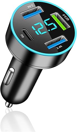 Cargador de coche USB de 4 puertos, adaptador de carga rápida para encendedor de cigarrillos, cargador USB con LED azul, puertos 2.4A+PD+QC3.0,