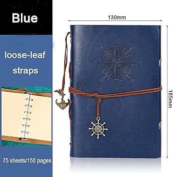 Retro Vintage Denizcilik Defteri Klasik PU Deri Kapak Not Defteri Seyahat Günlüğü Seyahat Dergisi Doldurulabilir Eskiz Defteri Spiral Halka Binder Günlüğü Boş Sayfalar, Astarsız Kağıt, Retro Kolye, Klasik Kabartmalı (130x185 mm, Mavi)